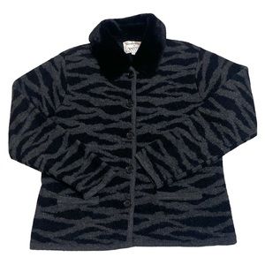 WondraWool Vintage Jacket Coat Gray Black Zebra Buttons Fur Trim Collar Wool med